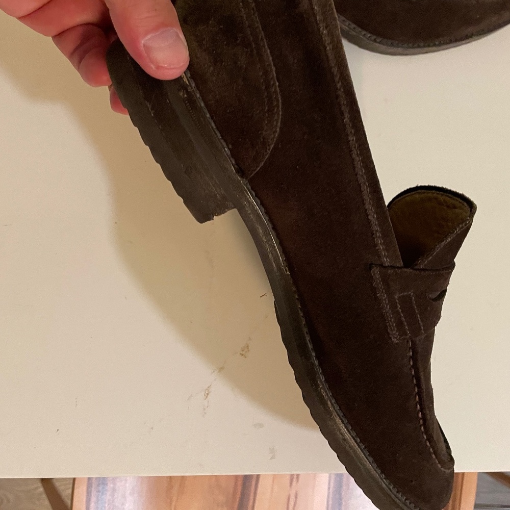 Mario’s dark brown suede loafers